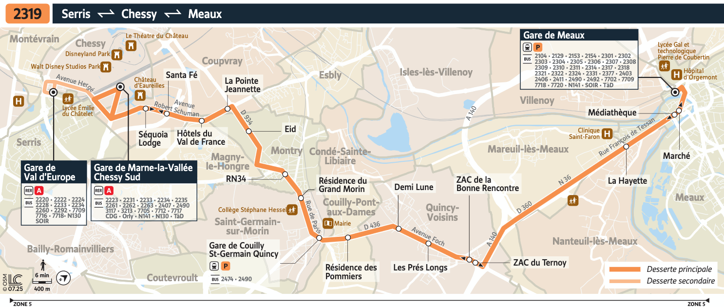 Plan de la ligne de bus 2319 entre Serris, Chessy et Meaux