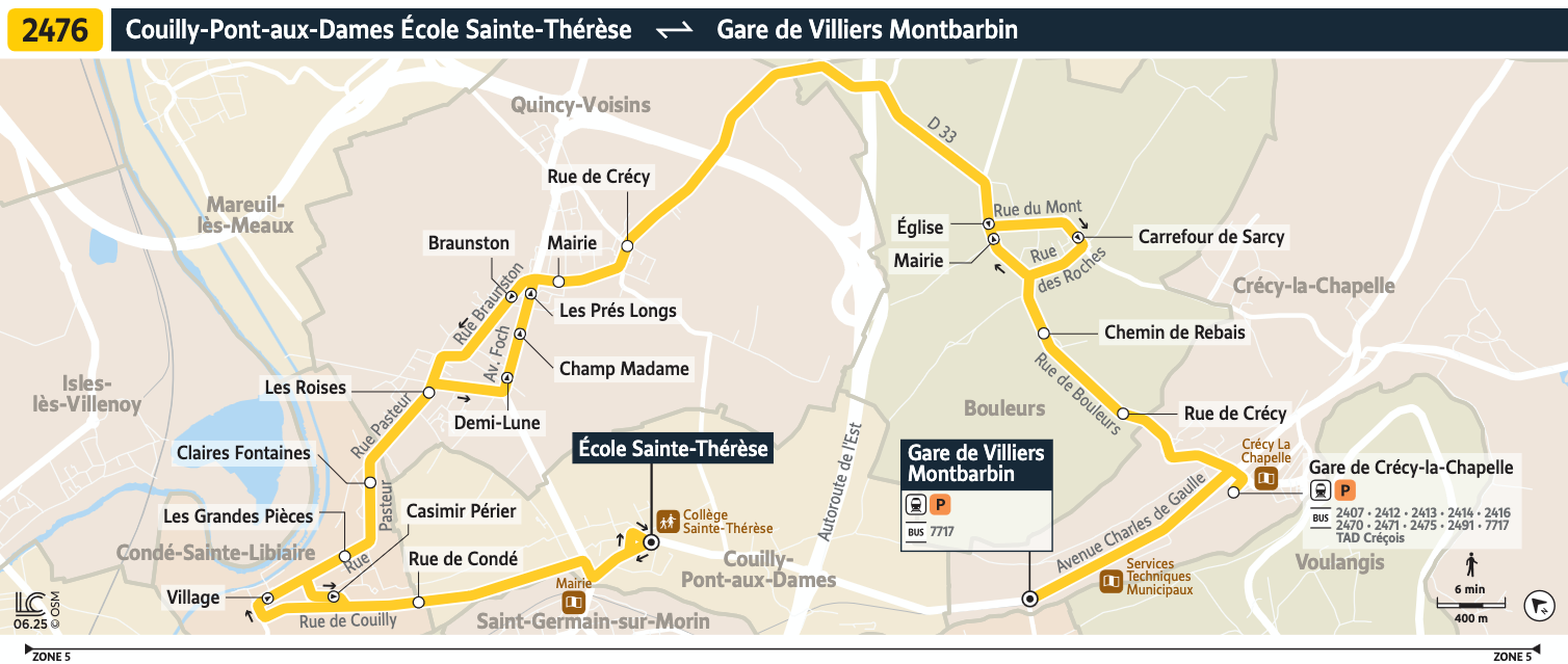 Plan de la ligne de bus 2476 entre Couilly-Pont-aux-Dames École Sainte-Thérèse et Gare de Villiers Montbarbin